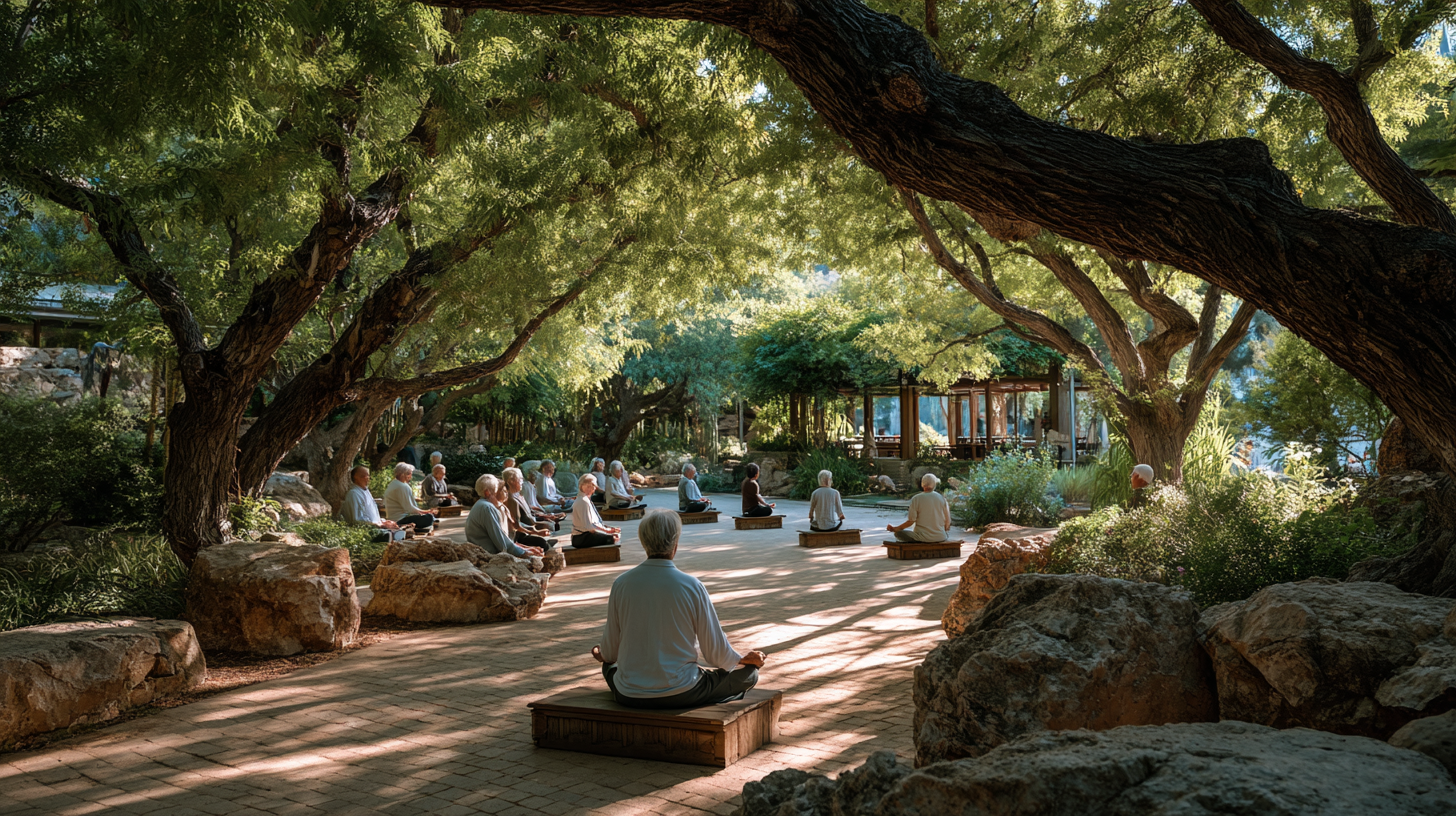 Група старших людей практикує йогу на природі